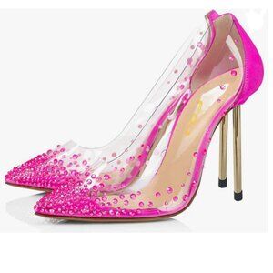 FSJ Fuchsia Studded Pointed Toe Transparent Pumps High Heels Shoes